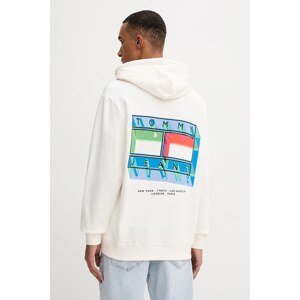 Pamučna dukserica Tommy Jeans boja: bež, s kapuljačom, s tiskom, DM0DM22077