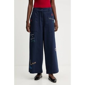 Pamučne hlače Weekend Max Mara LOTUS boja: tamno plava, široke, visoki struk, 2525136011600