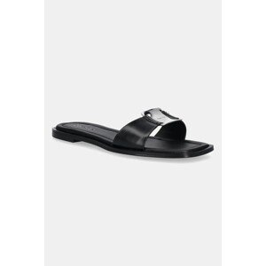 Kožne natikače Calvin Klein FLAT SLIDE W/CK HW BIG - LTH za žene, boja: crna, HW0HW02482