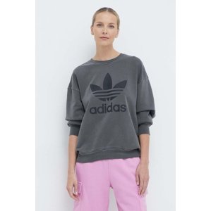Pamučna dukserica adidas Originals Washed Trefoil za žene, boja: siva, s tiskom